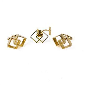 Sarah Coventry Canada Cufflinks Set Men's Tie Tack Open Geometric Gold Tone